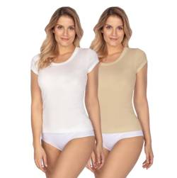 e.Femme® 2er Pack Damen Kurzarm T-Shirts Tops Hemdchen Rita Z-107 aus 50% Modal und 50% Baumwolle, Ecru/Beige, Gr. 36/38 von e.Femme