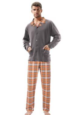 e.VIP ® Herren Schlafanzug OREST 201 mit Langarm Shirt und Lange Hose aus Reine Baumwolle in Farbe Grau/Orange kariert, in Größe XL von e.VIP