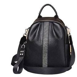 Mode Schwarz Rucksack mit Strass Echtleder Damen Schultertaschen Retro Casual Arbeitstasche von eLymwoo