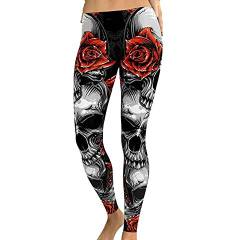 Damen Leggings mit Print Damen Totenkopf Rose Stretch Hohe Taille Schwarze Hose Gym Yoga Enge Legging Hose von each women