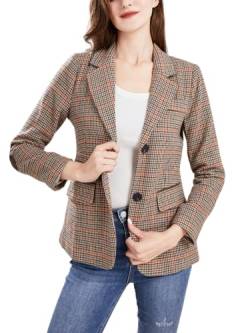 ebossy Damen-Blazer im Vintage-Stil, einreihig, mit Hahnentrittmuster, kariert, Jacke mit geflicktem Ellenbogen, Khaki-a, Large von ebossy