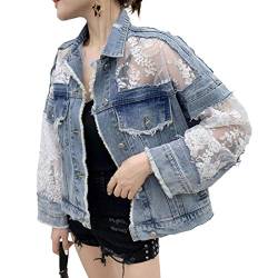 ebossy Damen Jeansjacke mit Blumenstickerei, Spitze, Crop-Stil, Denim-Jacke, zerrissene Distressed - Blau - Large von ebossy