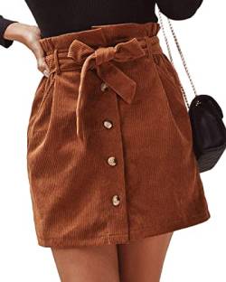 ebossy Damen Paperbag High Waist Button Front Cord Mini Rock mit Gürtel, Braun, Groß von ebossy