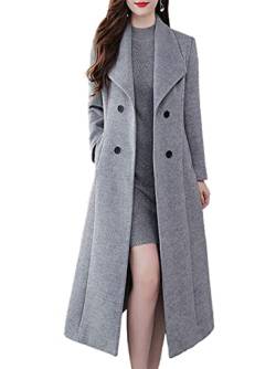 ebossy Damen Schalkragen Zweireihig Unterhalb des Knies schmal Wolle Trenchcoat Lang Mantel, grau, Medium von ebossy