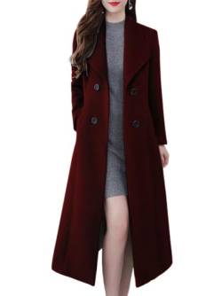 ebossy Damen Schalkragen Zweireihig Unterhalb des Knies schmal Wolle Trenchcoat Lang Mantel, weinrot, Large von ebossy