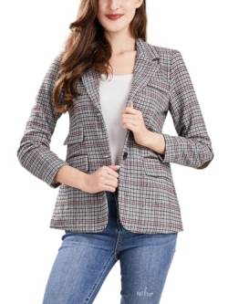 ebossy Damen Vintage Nothced Revers einreihig Boyfriend Blazer Anzüge Hahnentritt Plaid Jacke Mantel mit aufgesetztem Ellenbogen, GRAU, L von ebossy