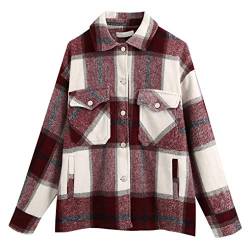ebossy Damen Vintage Oversized Button Down Wollmischung Plaid Shirt Jacke Shacket - Rot - Mittel von ebossy