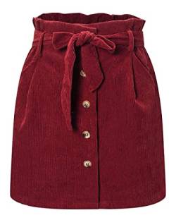 ebossy Paperbag Damen Minirock aus Cord, hohe Taille, Knopfleiste vorne, mit Gürtel - Rot - Groß von ebossy