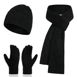 ecodudo Damen Winter Beanie Mütze Schal Set Touch Screen Handschuhe Set mit Bommel für Frauen, schwarz, Einheitsgröße von ecodudo