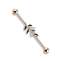 eeddoo® Industrial Piercing-Stab Barbell aus Edelstahl im Natur Design Zweig mit Kristallen ((2) Rosegold) von eeddoo