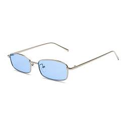 eiTurlutz Klassisch Rechteckige Sonnenbrille Retro Schlank Metallrahmen Brille Vintage Rectangle Süßigkeitsfarbe Sonnenbrille Silber/Blau von eiTurlutz