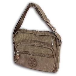 ekavale - Kleine leichte Damen-Handtasche Umhängetasche aus hochwertigem wasserabwesendem Crinkle Nylon inkl. Lederschlüsseltasche (Stone) von ekavale