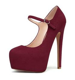 elashe Damen Mary Jane Pumps, Runde Zehen 15cm Stiletto High Heels, 3cm Plateau Knöchelriemchen Pump Wildleder BurgunderEU45 von elashe