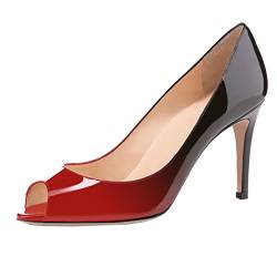 elashe Damen Peeptoe Pumps | 8cm Stiletto High Heel | Bequeme Lack Stilettos Rot-Schwarz EU37 von elashe