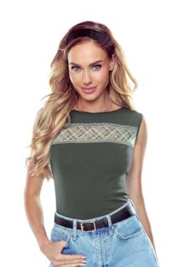 ELDAR Klassischer Damen-Body Ohne Ärmel Figurbetonte Shapewear Mit Dekorativem Einsatz Im Ausschnittbereich Haken-Und-Ösen-Verschlüssen Im Schritt (Khaki, L) von eldar ELDAR