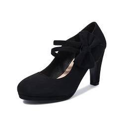 elerhythm Damen Mary Jane Heels mit Schleife Retro Geschlossene Runde Zehe Pumps Wildleder Chic Fliege Vintage Gatsby Schuhe (Black EU40) von elerhythm