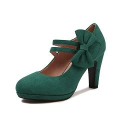 elerhythm Damen Mary Jane Heels mit Schleife Retro Geschlossene Runde Zehe Pumps Wildleder Chic Fliege Vintage Gatsby Schuhe (Green EU40) von elerhythm