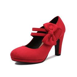 elerhythm Damen Mary Jane Heels mit Schleife Retro Geschlossene Runde Zehe Pumps Wildleder Chic Fliege Vintage Gatsby Schuhe (RED EU39) von elerhythm