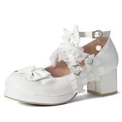 elerhythm Damen Mary Jane Plattform Chunky Block Heels Nettes Cosplay Kawaii Bow Lace Kleider Gekreuzt Runde Zehe Knöchelriemen Schuhe（Weiß EU40） von elerhythm