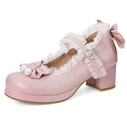 elerhythm Damen Mary Jane Plattform Kawaii Bow Pearl Chunky Ankle Strap Block Heels Spitze Nette Cosplay Kleider Runde Zehe Schuhe（Rosa EU37） von elerhythm