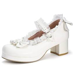 elerhythm Damen Mary Jane Plattform Kawaii Bow Pearl Chunky Ankle Strap Block Heels Spitze Nette Cosplay Kleider Runde Zehe Schuhe（Weiß EU40） von elerhythm