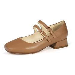 elerhythm Damen Mary Jane Square Closed Toe Casual mit doppeltem Knöchelriemen Flats Chunky Block Low Heel Schuhe (Braun EU39) von elerhythm