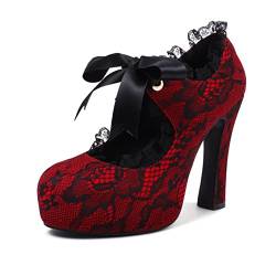 elerhythm Damen Spitze Blume Mary Jane Punk Closed Toe Prom Maid Kostüm Elegantes Gothic Pumps Vintage Plattform High Heels Schuhe (Rot EU38) von elerhythm