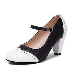 elerhythm Damen Two Tone Mary Jane Classic und Retro 1920er Jahre Pump Heels Gatsby Oxford Muster 1950er Vintage Runde geschlossene Zehe Knöchelriemen Kleid Schuhe (Weiß/Schwarz EU41) von elerhythm