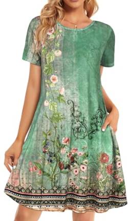 Damen-Sommerkleid, Strandkleid, lässig, T-Shirt, Übergröße, Blumenmuster, kurzärmelig, locker, fließendes Sonnenkleid, Grüne Blumen, Groß von elescat