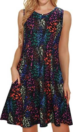 Sommerkleider für Frauen Strand Blumen T-Shirt Sommerkleid Ärmellos Taschen Casual Lose Tank Kleid, Black Colorful, Groß von elescat