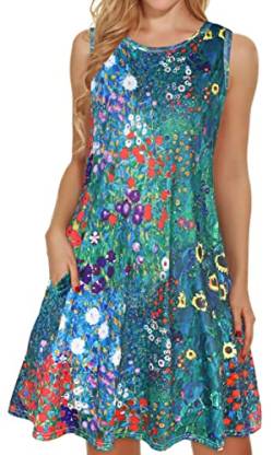 elescat Damen-Sommerkleider 2024, Strand, lässig, ärmellos, Blumendruck, Tanktop, lockeres Sommerkleid mit Tasche, A Garden Blue Floral, Mittel von elescat