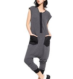 ellazhu Damen Einfarbiger Haremshosen Jumpsuit Overalls mit Tasche für den Sommer GY867 Grau von ellazhu