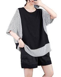 ellazhu Damen Halbarm Rundhalsausschnitt Streifen Einfarbig Patchwork T-Shirt Tops GA2630, Schwarz, S/XL von ellazhu