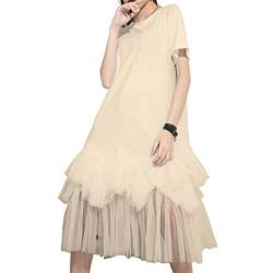 ellazhu Damen Kurzarm Casual Rundhals Patchwork Sommerkleid Tüll Kleid Oversized T-Shirt Kleid GY2266 Beige von ellazhu