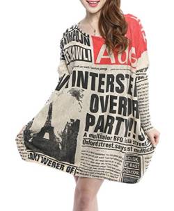 ellazhu Damen Langarm Sweater Kleid Zeitung Drucken Schulterfrei Pullover Oversized Sweatshirt GY269 Beige von ellazhu