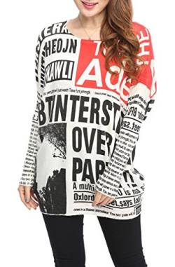 ellazhu Damen Langarm Sweater Kleid Zeitung Drucken Schulterfrei Pullover Oversized Sweatshirt GY269 Weiß von ellazhu
