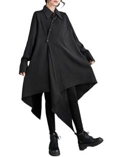 ellazhu Damen Oversized Einfarbiges Langarmkleid mit Rückenschlitz und unregelmäßigem Saum GZ150 Schwarz von ellazhu