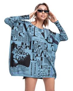 ellazhu Damen Oversized Zeitungsmalerei Rundhals Langarm Pullover Schulterfreier Sweatshirts GY2753 Blau von ellazhu