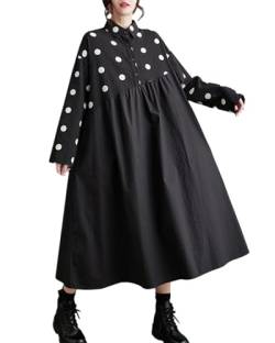 ellazhu Damen Pullover Revers Polka Dot Patchwork Langkleid GZ90 Schwarz von ellazhu