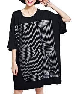 ellazhu Damen T-Shirt-Kleid mit halben Ärmeln, Rundhalsausschnitt und geometrischem Druck für den Casual-Look GA89 Schwarz M von ellazhu