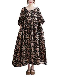 ellazhu Frauen Casual Lose Midi Knöchellänge Blumen Print Kurzarm Rundhalsausschnitt Kleid GA2526, Schwarz, S/XL von ellazhu