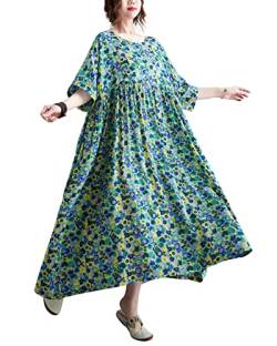 ellazhu Frauen Casual Lose Midi Knöchellänge Blumen Print Kurzarm Rundhalsausschnitt Kleid GA2528, Green05, S/XL von ellazhu