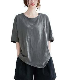 ellazhu GA2493 Damen T-Shirt mit kurzen Ärmeln, Rundhalsausschnitt, einfarbig, Tops, grau, S/XL von ellazhu