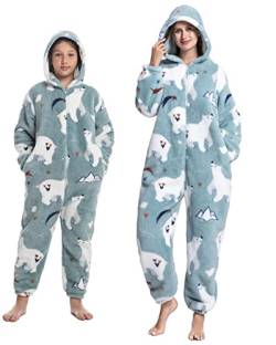 Fleece-Winter-Pyjamas für Kinder und Erwachsene, Einteiler Overall mit Kapuze, weich und warm., Weißer Bär, 10-12 Jahre von emmarcon