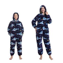 Winter-Schlafanzug aus Fleece für Kinder und Erwachsene, einteiliger Overall mit Kapuze, weich und warm., Hai, M von emmarcon
