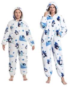 Winter-Schlafanzug aus Fleece für Kinder und Erwachsene, einteiliger Overall mit Kapuze, weich und warm., Pinguin, M von emmarcon