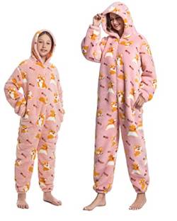 emmarcon Winter-Pyjamas aus Fleece für Kinder und Erwachsene, einteiliger Overall mit Kapuze, Fleece, weich und warm, für Karneval und Halloween, Corgi, XL von emmarcon