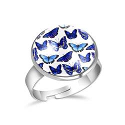 Schöner Edelstahlring mit blauem Fliegen- und Schmetterlingsmuster für Damen, offener verstellbarer Ring, Schmuckgeschenk, 16 mm, Edelstahl Glas von enheng