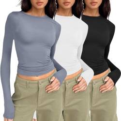 3er Pack Basic Langarmshirt Slim Fit Damen Y2K Oberteile Langarm Shirts Rundhals Cropped Tee Einfarbig Basic Crop Tops Casual Athletisches Top Teenager Streetwear von errcom