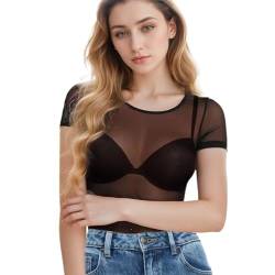 Damen Netz Oberteil Transparentes Shirt Sexy Damen Schwarz Leichtes Transparent Tüll Mesh T-Shirt Sanft Sheer Mesh Bluse Tunika Crop Tops Bikini Cover Up Clubwear Party (L) von ertlutw